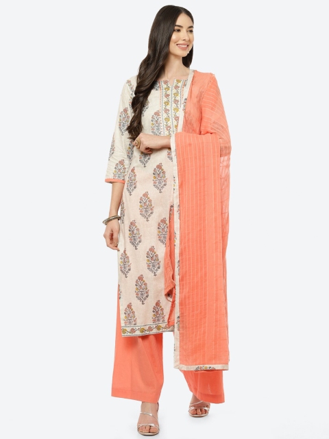 

Biba Peach-Coloured & Grey Printed Pure Cotton Unstitched Dress Material