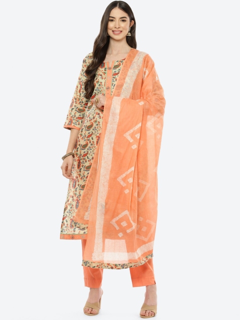 

Biba Peach-Coloured & Green Printed Pure Cotton Unstitched Dress Material
