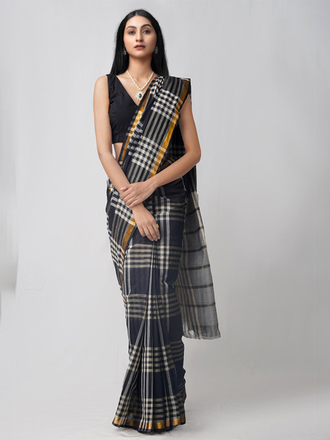 

Unnati Silks Black & White Checked Pure Cotton Handloom Sustainable Mangalagiri Saree