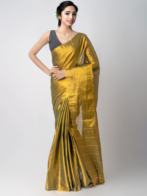 

Unnati Silks Green & Gold-Toned Woven Design Zari Silk Cotton Kanjeevaram Saree