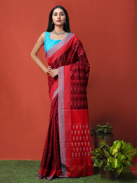 

Unnati Silks Maroon & Red Ikat Woven Design Pure Cotton Pochampally Saree