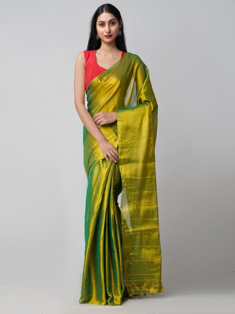 

Unnati Silks Green & Gold-Toned Woven Design Zari Silk Cotton Kanjeevaram Saree