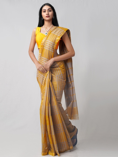 

Unnati Silks Mustard & Grey Striped Zari Pure Cotton Mangalagiri Saree