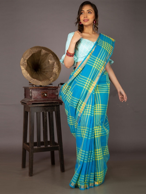 

Unnati Silks Blue & Yellow Checked Pure Cotton Mangalagiri Saree