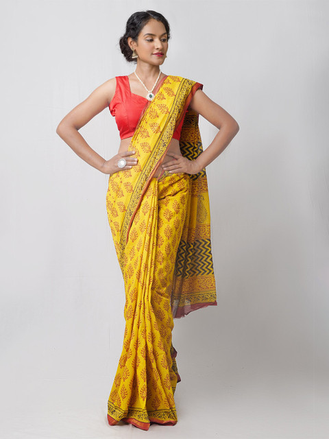 

Unnati Silks Yellow & Red Bagh Zari Silk Cotton Maheshwari Saree