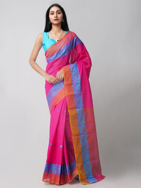 

Unnati Silks Pink & Blue Woven Design Pure Cotton Handloom Sustainable Mangalagiri Saree