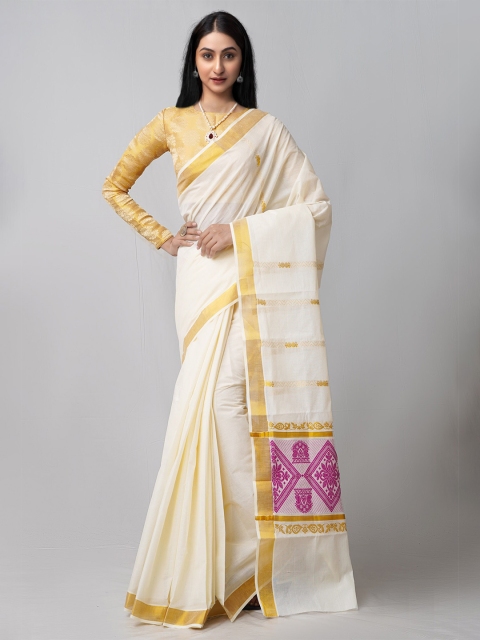 

Unnati Silks Cream-Coloured & Pink Woven Design Pure Cotton Kerala Kasavu Saree