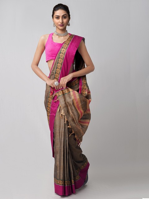 

Unnati Silks Brown & Pink Woven Design Pure Cotton Handloom Sustainable Chettinad Saree