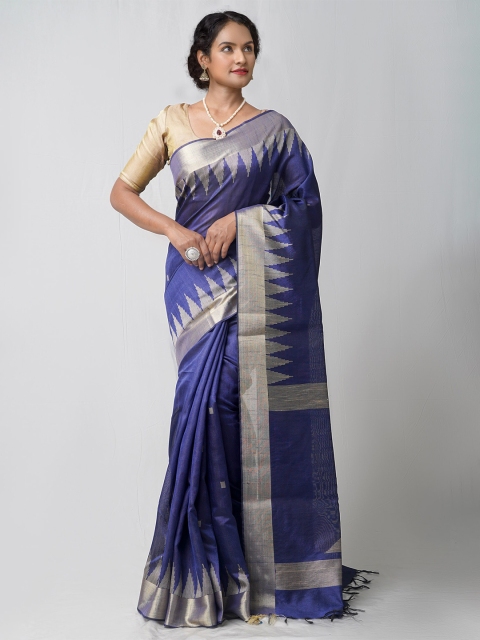 

Unnati Silks Navy Blue & Silver-Toned Woven Design Linen Blend Jamdani Saree