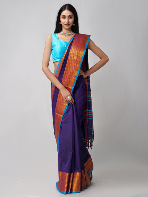 

Unnati Silks Violet Woven Design Pure Handloom Sustainable Pavani Narayanpet Cotton Saree