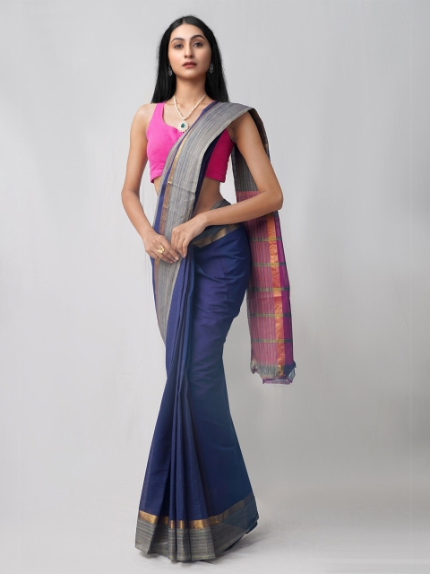 

Unnati Silks Navy Blue & Grey Zari Pure Cotton Handloom Sustainable Mangalagiri Saree