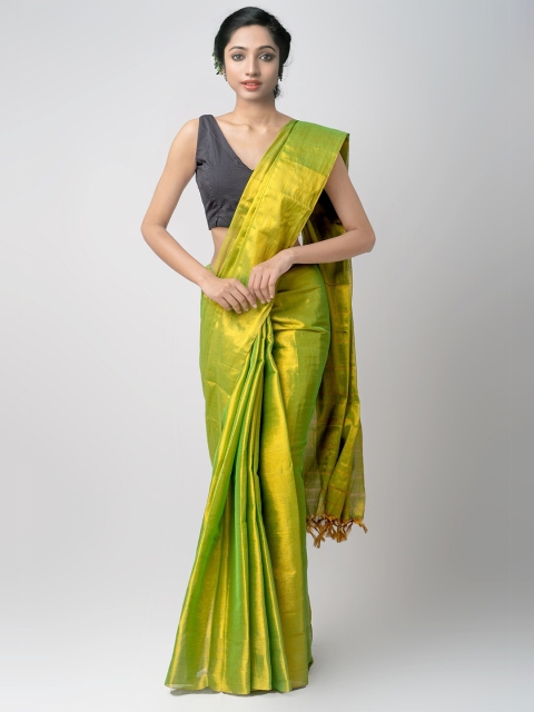 

Unnati Silks Green & Gold-Toned Woven Design Zari Silk Cotton Kanjeevaram Saree