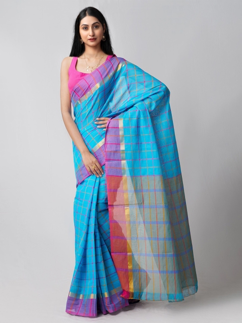 

Unnati Silks Blue & Pink Woven Design Zari Pure Cotton Mangalagiri Saree