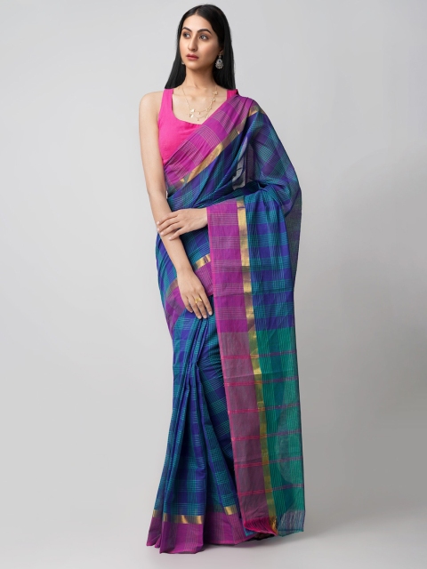 

Unnati Silks Blue & Magenta Checked Zari Pure Cotton Mangalagiri Saree