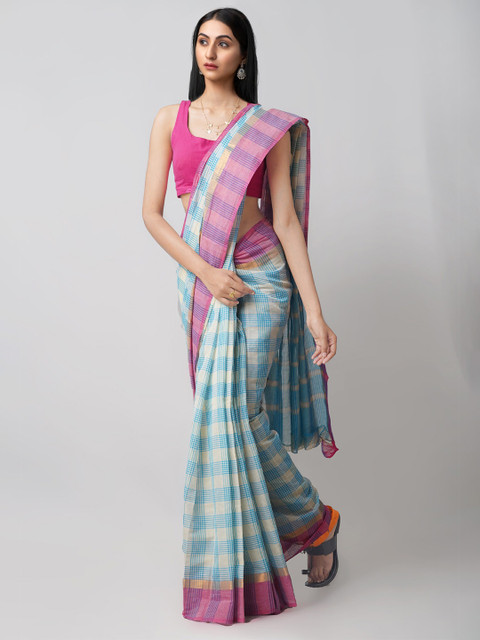 

Unnati Silks Cream-Coloured & Pink Checked Pure Pavani Mangalagiri Cotton Saree