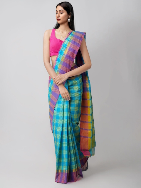 

Unnati Silks Blue & Yellow Checked Zari Pure Cotton Mangalagiri Saree