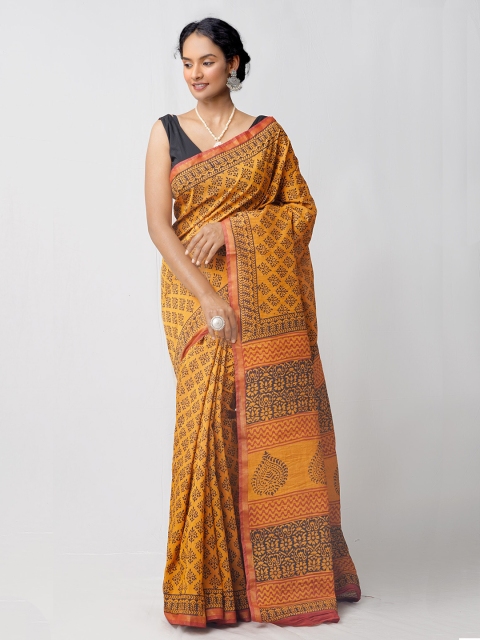 

Unnati Silks Rust & Black Bagh Zari Silk Cotton Maheshwari Saree