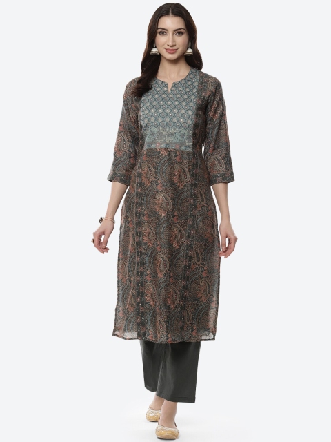 

Meena Bazaar Women Green Ethnic Motifs Printed Sequinned Kurta with Trousers