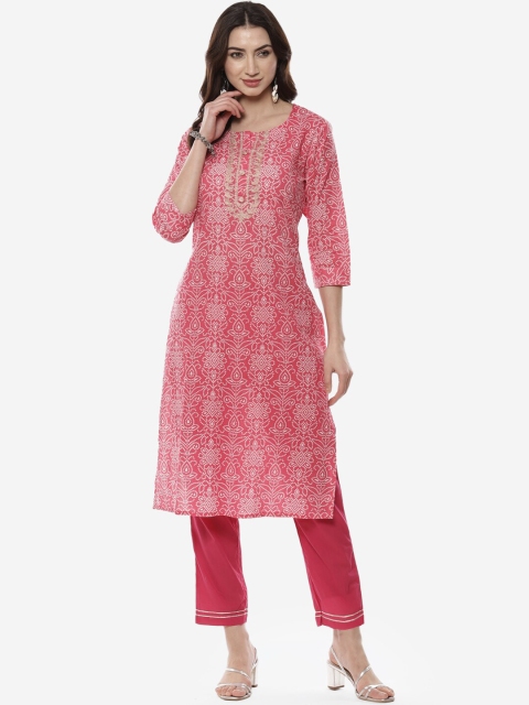 

Meena Bazaar Women Fuchsia Pure Cotton Kurta with Trousers