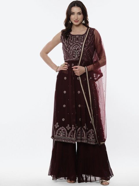 

Meena Bazaar Women Burgundy Embroidered Kurta & Sharara with Dupatta