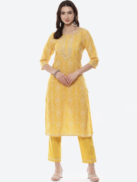

Meena Bazaar Women Yellow & White Bandhani Printed Pure Cotton Kurta with Trousers