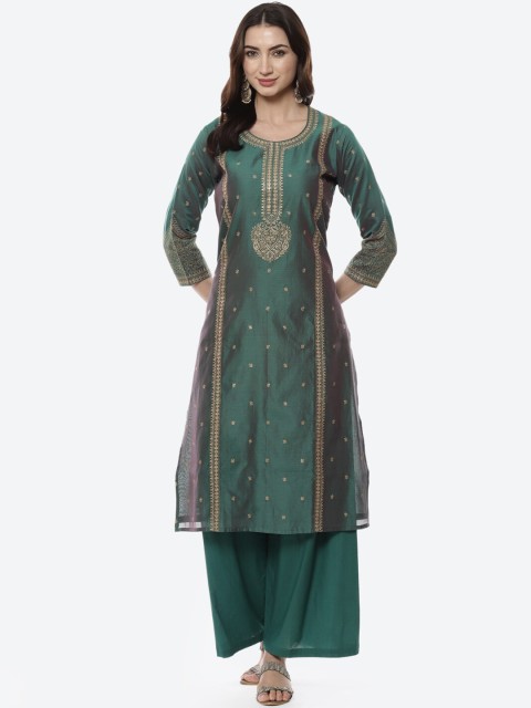 

Meena Bazaar Women Green & Gold-Toned Ethnic Motifs Embroidered Kurta with Palazzos