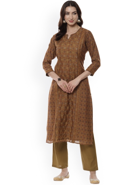 

Meena Bazaar Women Mustard Yellow Embroidered Angrakha Kurta & Trousers