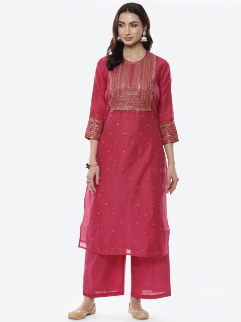 

Meena Bazaar Women Fuchsia & Gold-Toned Ethnic Motifs Embroidered Kurta with Palazzos