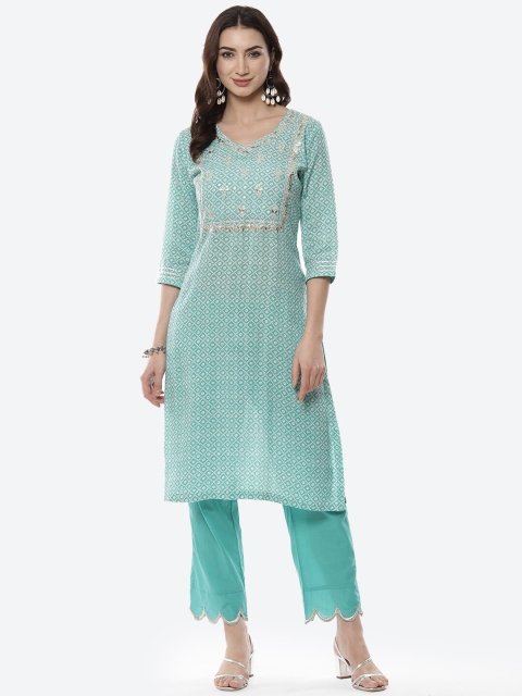 

Meena Bazaar Women Sea Green Floral Printed Gotta Patti Kurta with Trousers