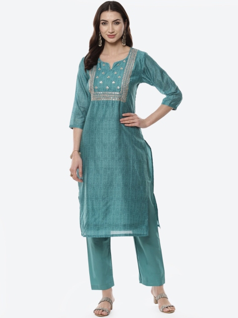 

Meena Bazaar Women Teal Ethnic Motifs Printed Thread Work Kurta with Trousers