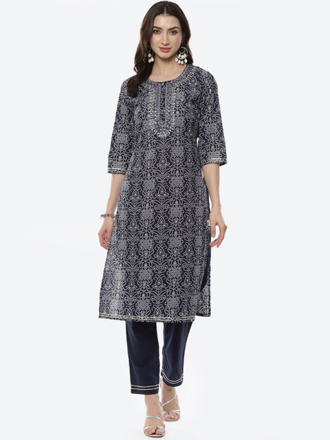 

Meena Bazaar Women Navy Blue & White Bandhani Printed Pure Cotton Kurta with Trousers