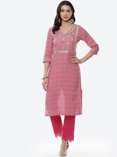 

Meena Bazaar Women Pink Floral Printed Gotta Patti Kurta with Trousers