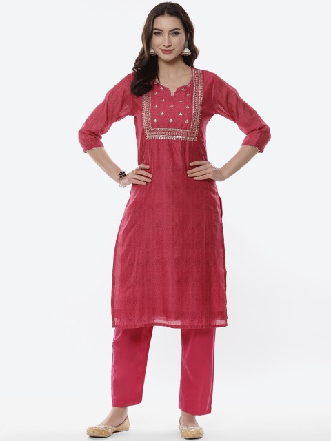 

Meena Bazaar Women Fuchsia Floral Embroidered Gotta Patti Kurta with Trousers