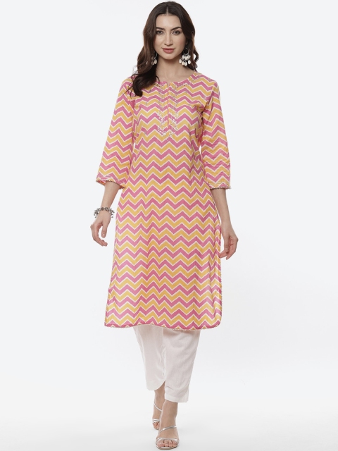 

Meena Bazaar Women Pink Printed Thread Work Pure Cotton Kurta with Trousers