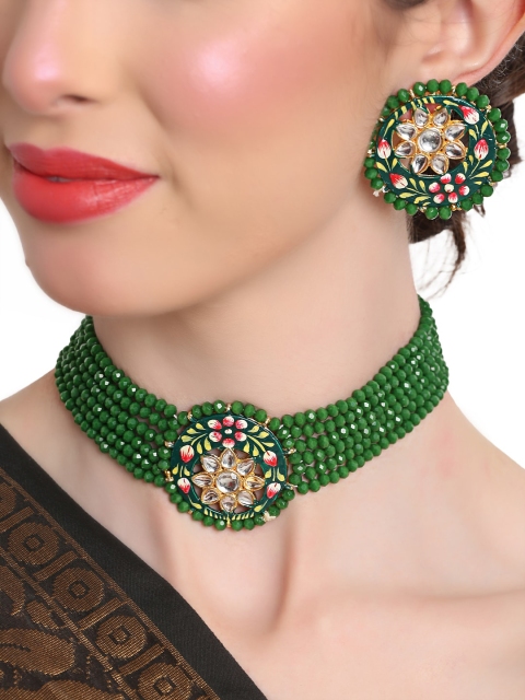 

Shining Diva Gold-Plated White & Green Kundan-Studded & Beaded Choker with Earrings