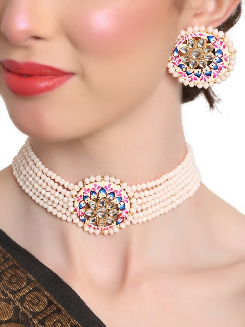 

Shining Diva Gold-Plated Pink & White Kundan-Studded Beaded Jewellery Set