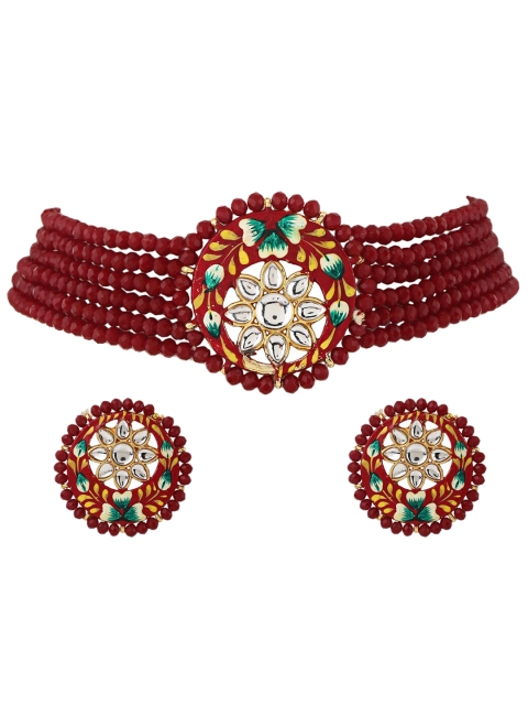 

Shining Diva Maroon & White Gold-Plated Kundan-Studded & Beaded Jewellery Set