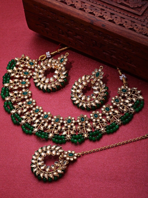 

Shining Diva Gold-Plated Cream-Coloured & Green Kundan Stone-Studded Jewellery Set