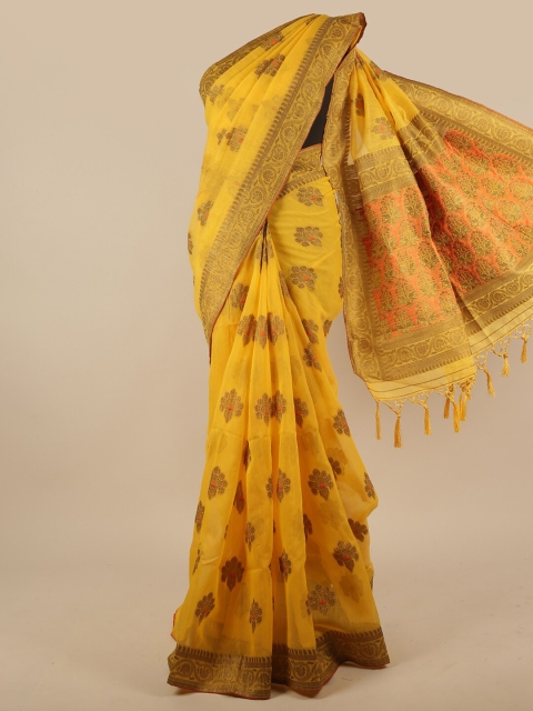 

Pothys Yellow & Gold-Toned Woven Design Zari Jute Silk Saree