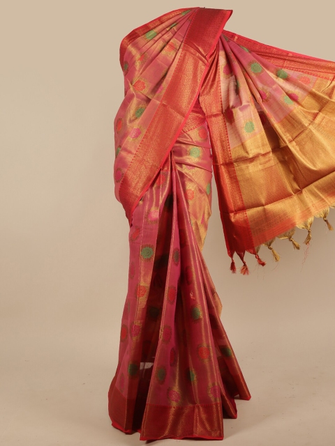 

Pothys Pink & Gold-Toned Floral Woven Design Jute Silk Saree