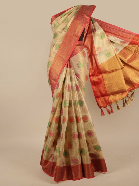 

Pothys Cream-Coloured & Orange Floral Zari Jute Silk Saree