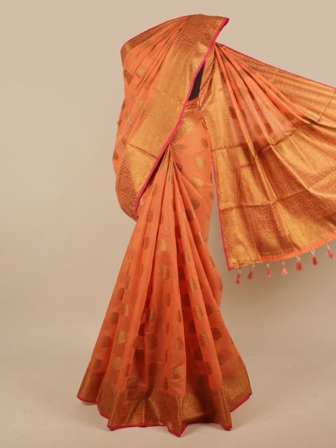 

Pothys Peach-Coloured & Gold-Toned Woven Design Zari Jute Silk Saree