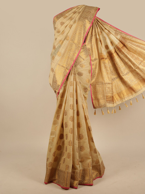 

Pothys Cream-Coloured & Gold-Toned Floral Zari Jute Silk Saree