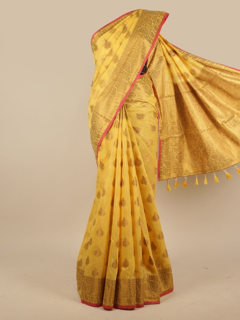 

Pothys Yellow & Gold-Toned Woven Design Zari Jute Silk Saree