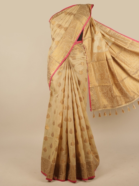 

Pothys Cream-Coloured & Gold-Toned Woven Design Jute Silk Saree