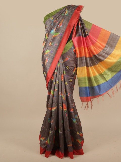 

Pothys Grey & Orange Abstract Printed Jute Silk Saree