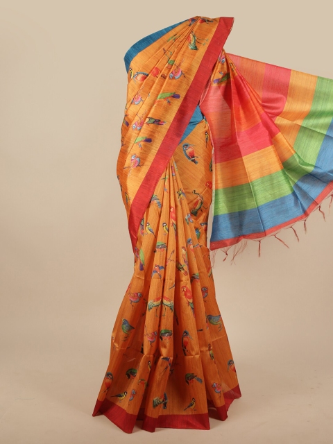 

Pothys Orange & Blue Printed Jute Silk Saree