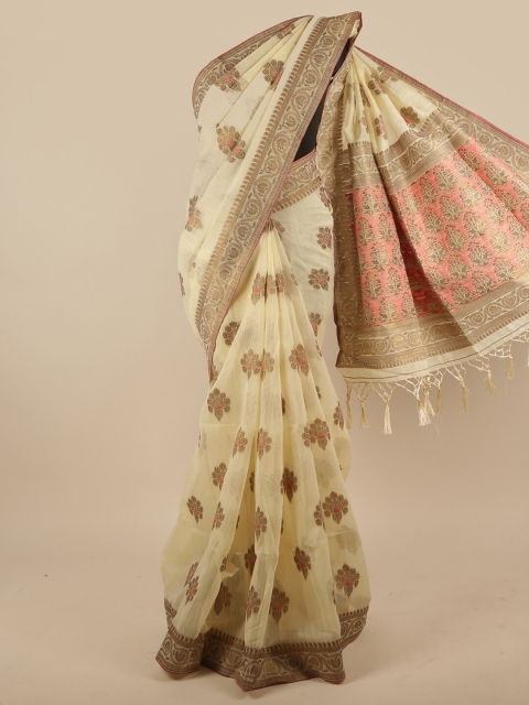 

Pothys Cream-Coloured & Brown Ethnic Motifs Jute Silk Saree