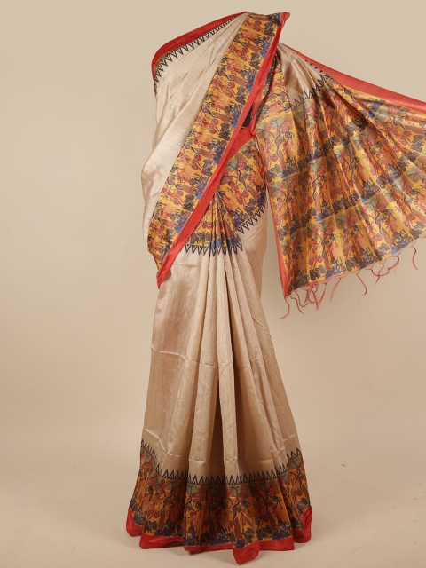 

Pothys Cream-Coloured & Red Jute Silk Saree