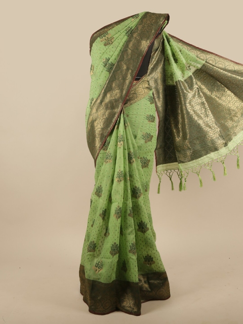 

Pothys Green & Gold-Toned Ethnic Motifs Woven Design Jute Silk Saree